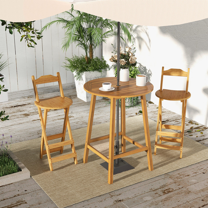 Acacia Wood Bar Height Table, 31.5" Round Outdoor Table with Umbrella Hole, Slatted Tabletop & Footrests