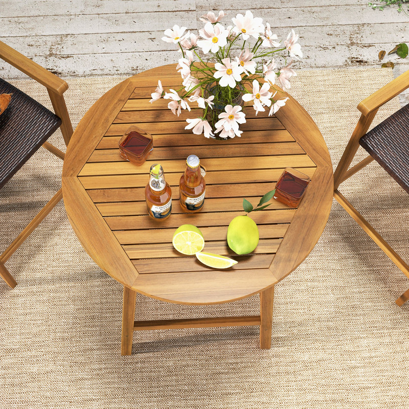 Acacia Wood Bar Height Table, 31.5" Round Outdoor Table with Umbrella Hole, Slatted Tabletop & Footrests
