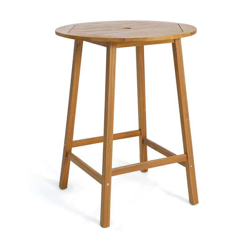 Acacia Wood Bar Height Table, 31.5" Round Outdoor Table with Umbrella Hole, Slatted Tabletop & Footrests