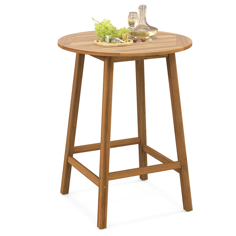 Acacia Wood Bar Height Table, 31.5" Round Outdoor Table with Umbrella Hole, Slatted Tabletop & Footrests