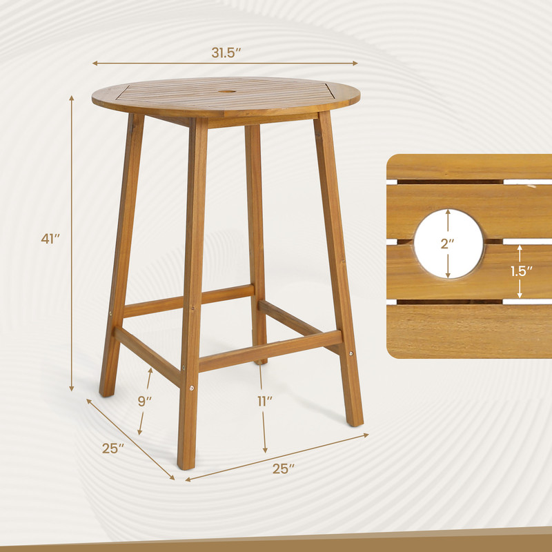 Acacia Wood Bar Height Table, 31.5" Round Outdoor Table with Umbrella Hole, Slatted Tabletop & Footrests