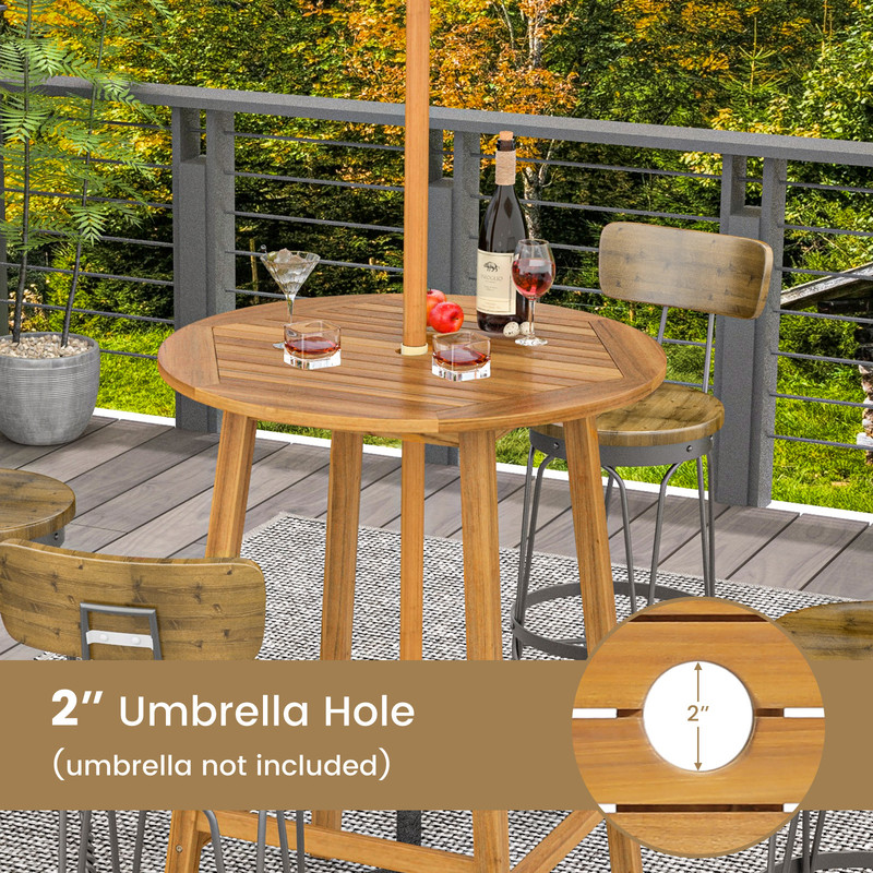 Acacia Wood Bar Height Table, 31.5" Round Outdoor Table with Umbrella Hole, Slatted Tabletop & Footrests