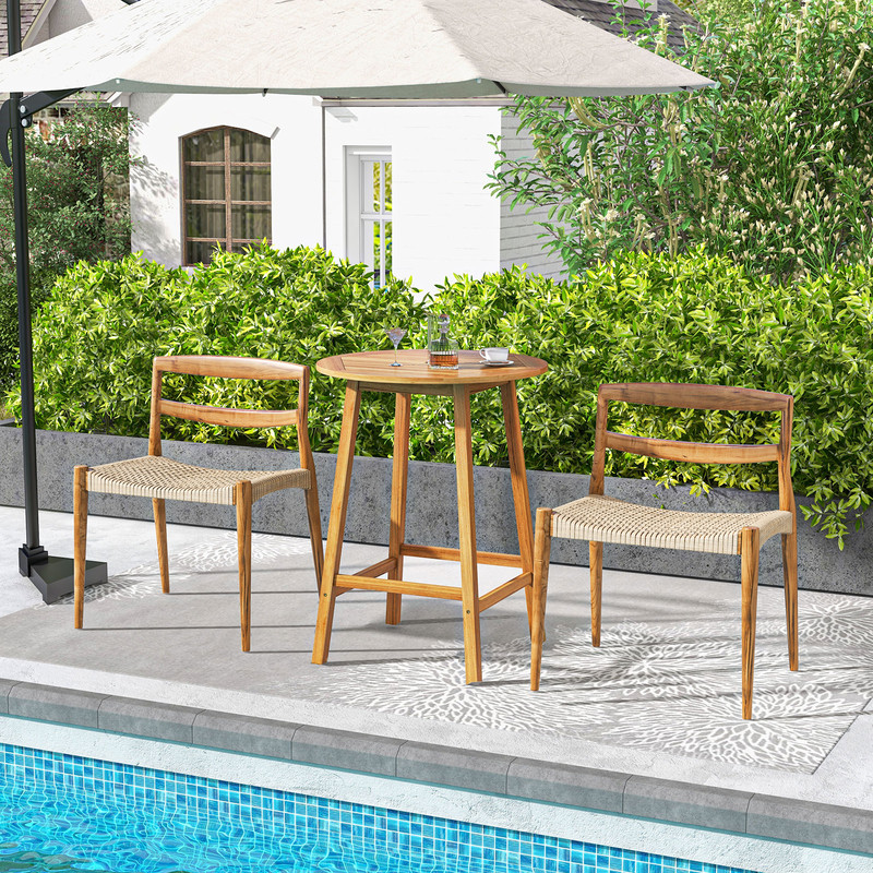Acacia Wood Bar Height Table, 31.5" Round Outdoor Table with Umbrella Hole, Slatted Tabletop & Footrests