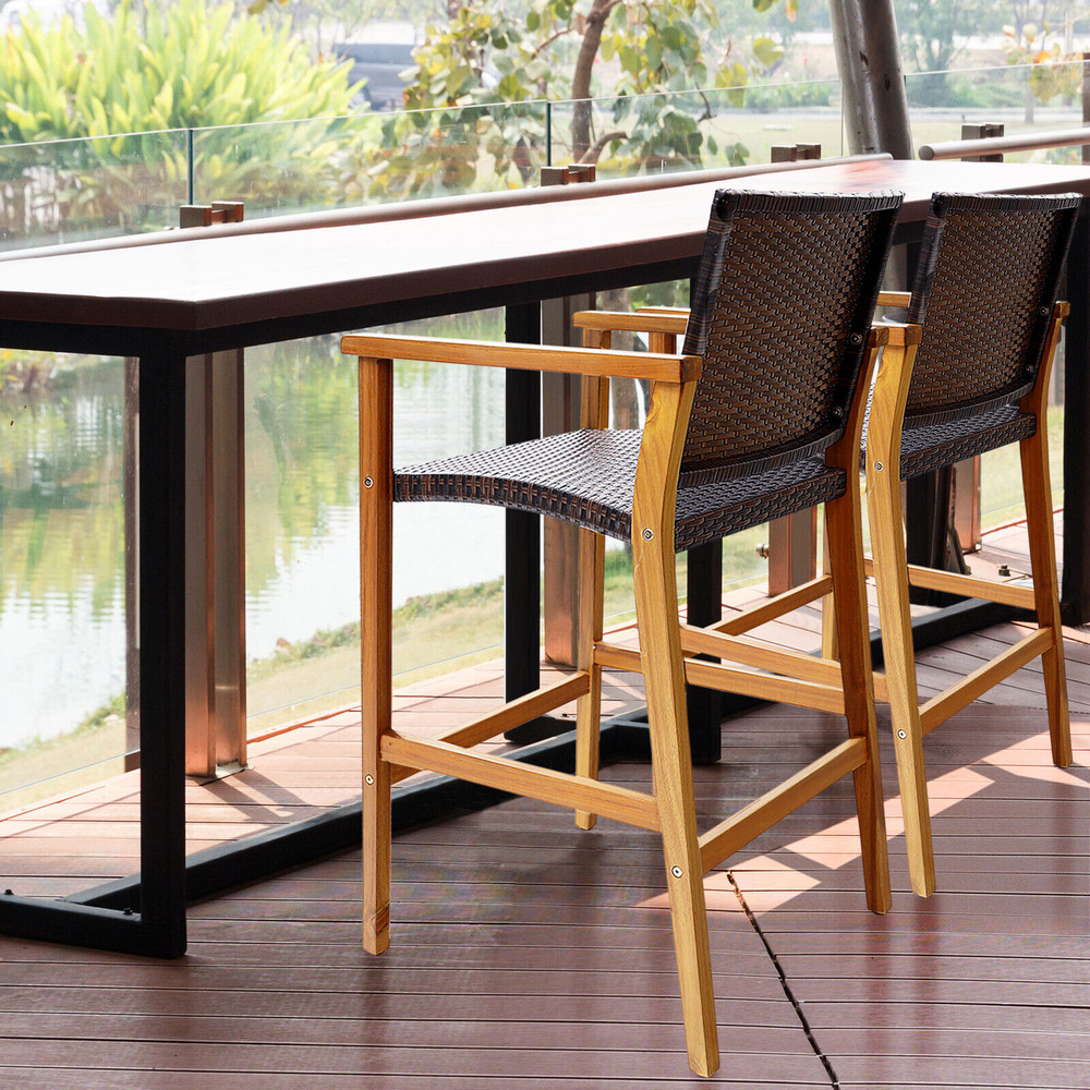 Acacia Wood Bar Chairs (Set of 2), PE Wicker Patio Stools with Comfortable Armrests & Sturdy Frame