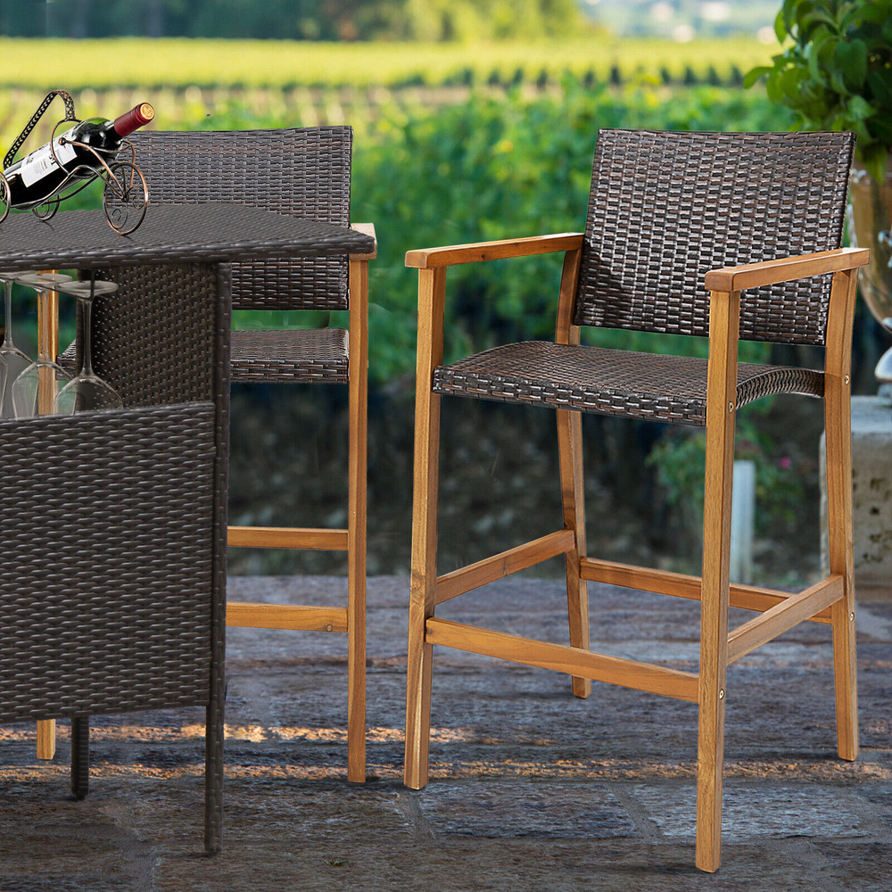 Acacia Wood Bar Chairs (Set of 2), PE Wicker Patio Stools with Comfortable Armrests & Sturdy Frame