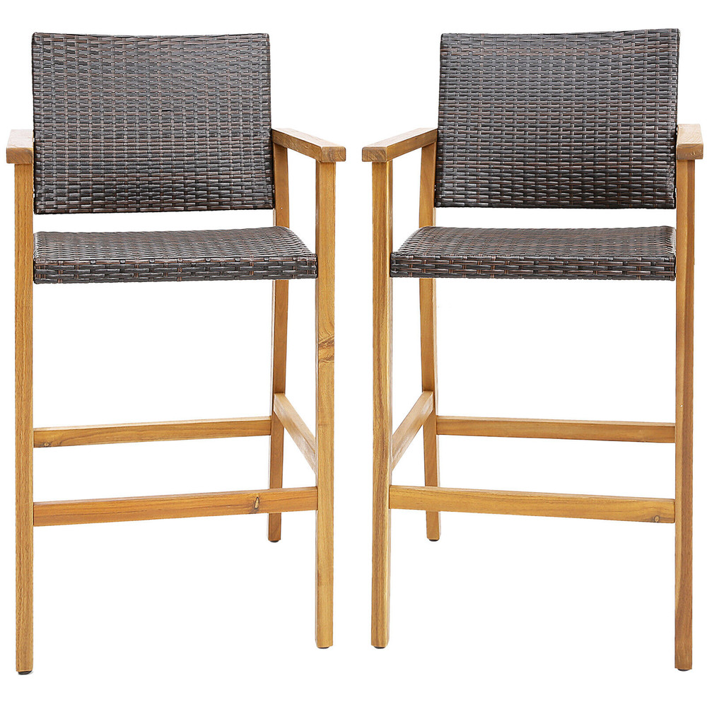 Acacia Wood Bar Chairs (Set of 2), PE Wicker Patio Stools with Comfortable Armrests & Sturdy Frame
