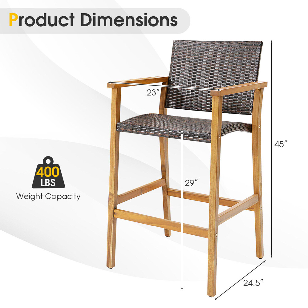 Acacia Wood Bar Chairs (Set of 2), PE Wicker Patio Stools with Comfortable Armrests & Sturdy Frame