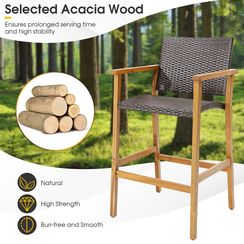 Acacia Wood Bar Chairs (Set of 2), PE Wicker Patio Stools with Comfortable Armrests & Sturdy Frame