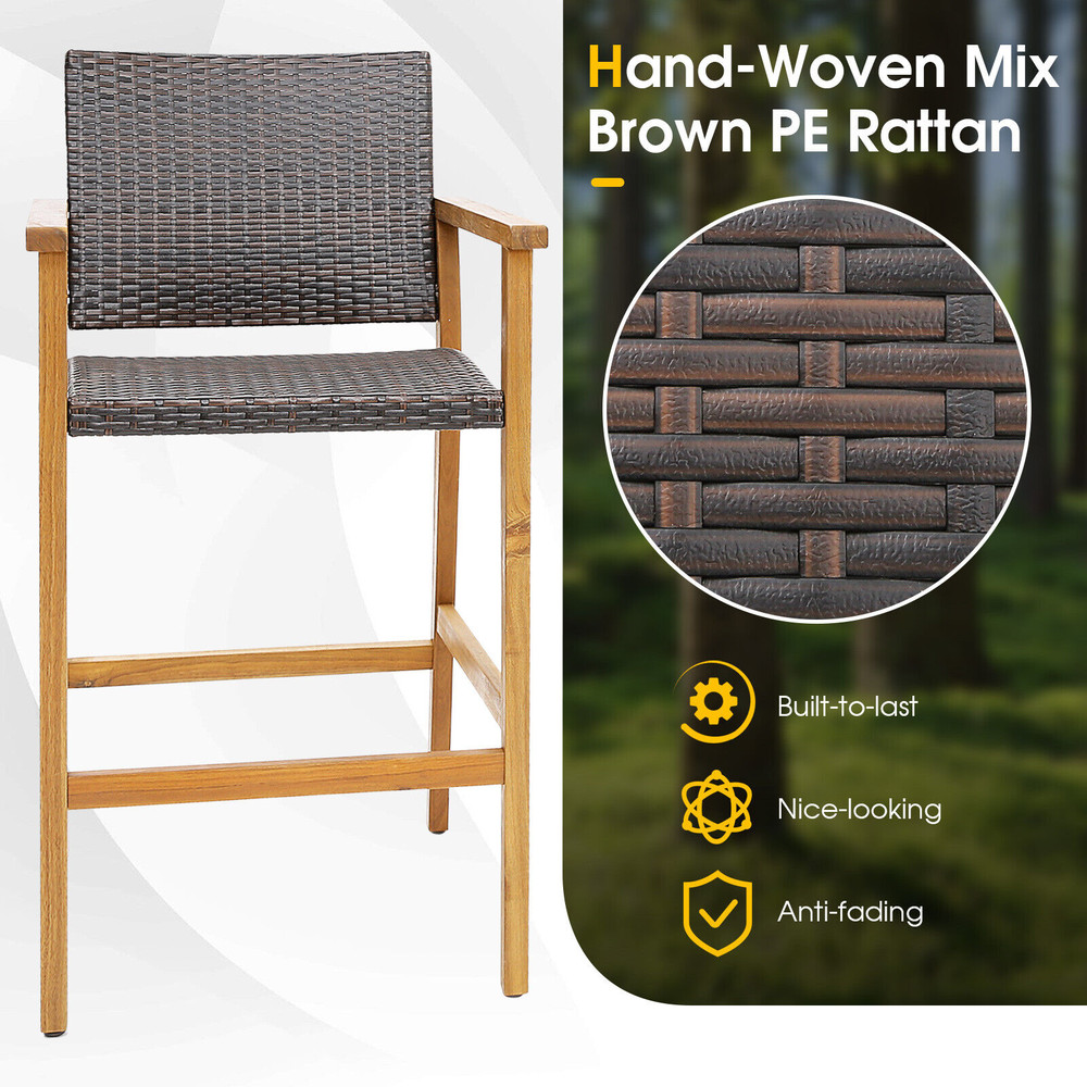 Acacia Wood Bar Chairs (Set of 2), PE Wicker Patio Stools with Comfortable Armrests & Sturdy Frame