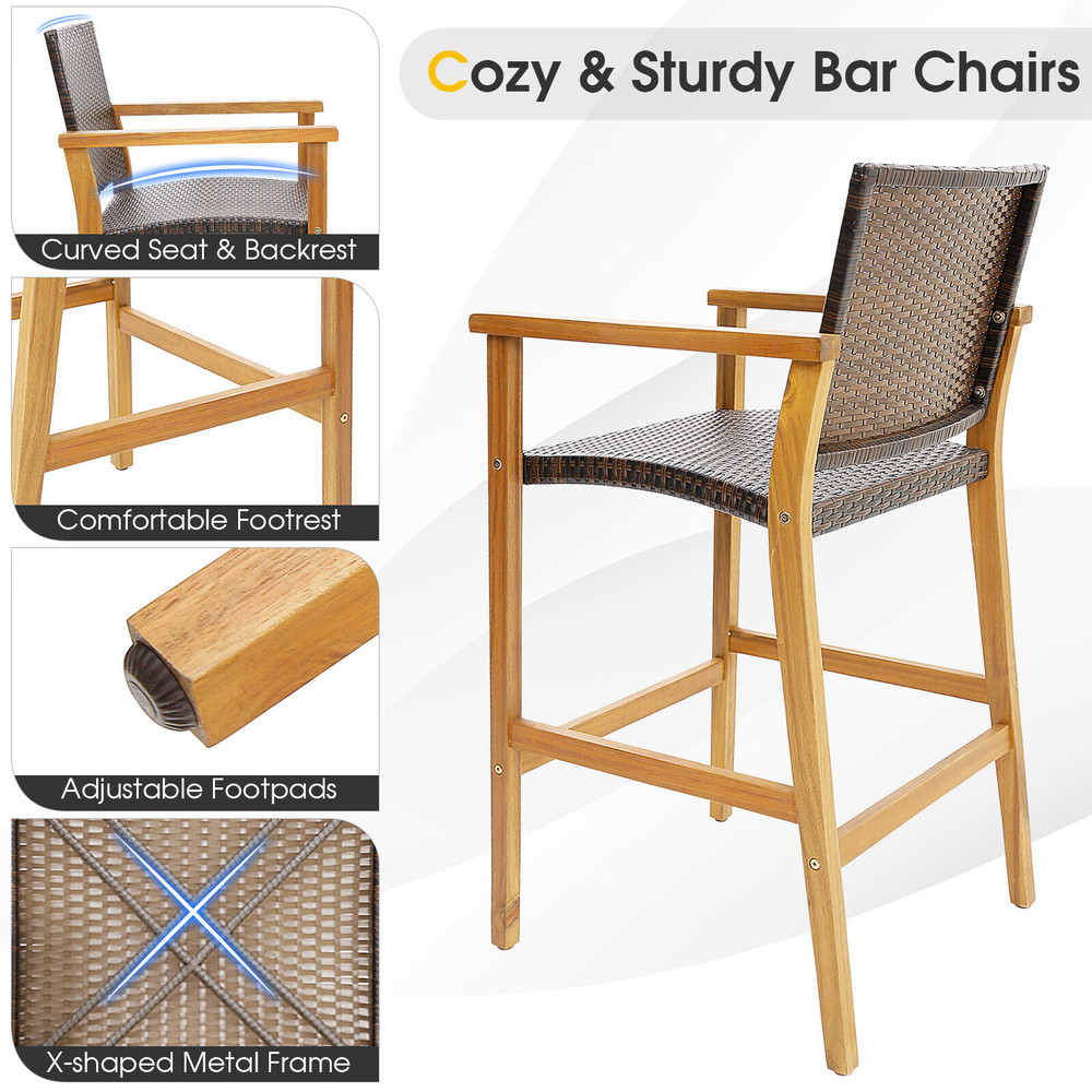 Acacia Wood Bar Chairs (Set of 2), PE Wicker Patio Stools with Comfortable Armrests & Sturdy Frame
