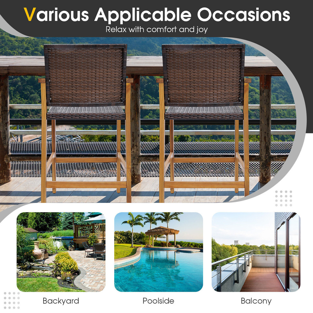 Acacia Wood Bar Chairs (Set of 2), PE Wicker Patio Stools with Comfortable Armrests & Sturdy Frame