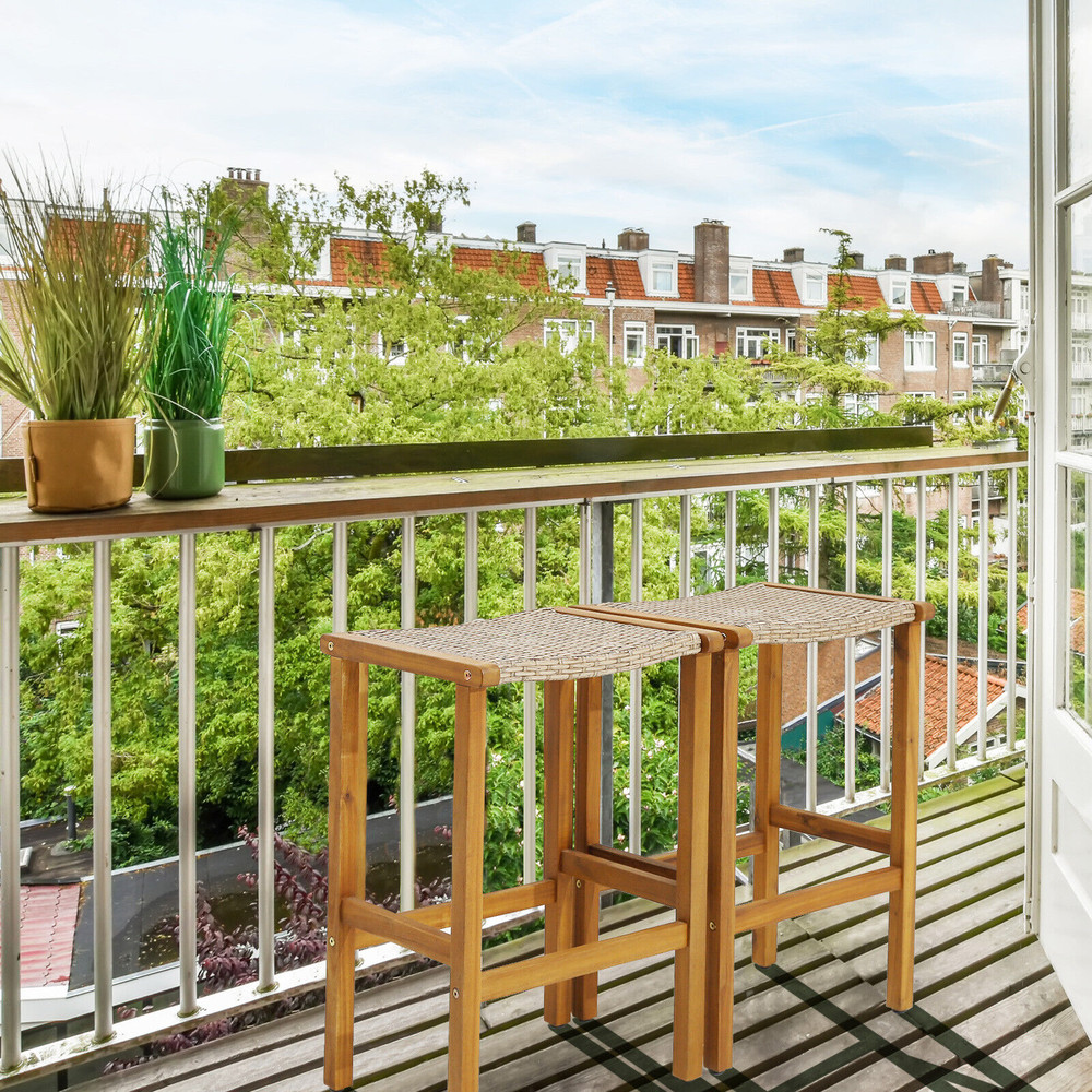 Patio Wood Bar Stools Set Of 24 Acacia Wood Frame With PE Rattan Seats For Outdoor Indoor Use 1