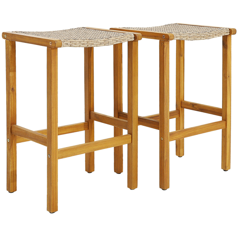Patio Wood Bar Stools Set Of 24 Acacia Wood Frame With PE Rattan Seats For Outdoor Indoor Use 4