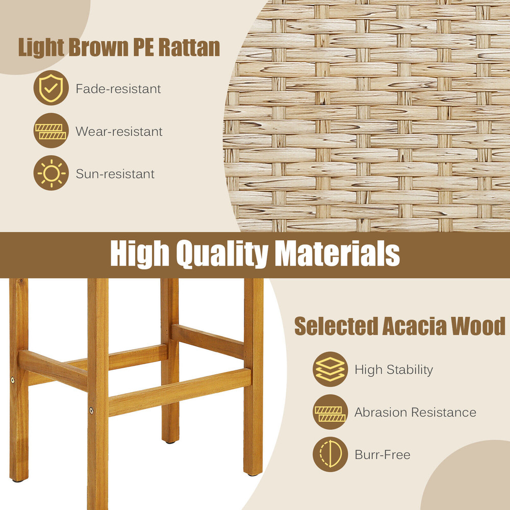 Patio Wood Bar Stools Set Of 24 Acacia Wood Frame With PE Rattan Seats For Outdoor Indoor Use 2