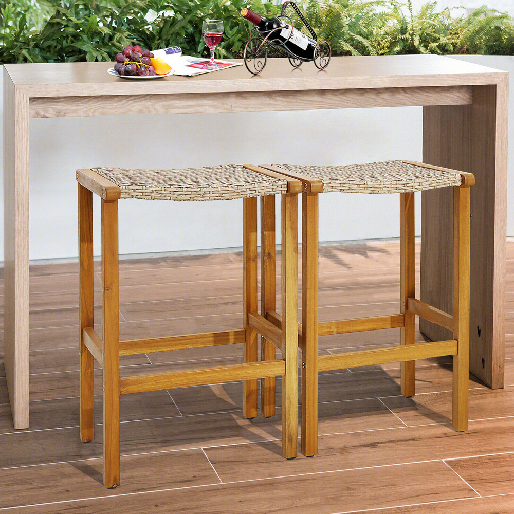 Patio Wood Bar Stools Set Of 24 Acacia Wood Frame With PE Rattan Seats For Outdoor Indoor Use 7