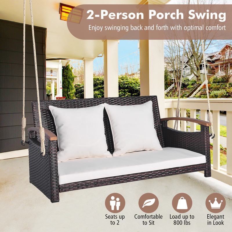 2Person Patio Rattan Porch Swing 800 Lb Capacity Outdoor Swing With Cushions Acacia Wood Armrests 2