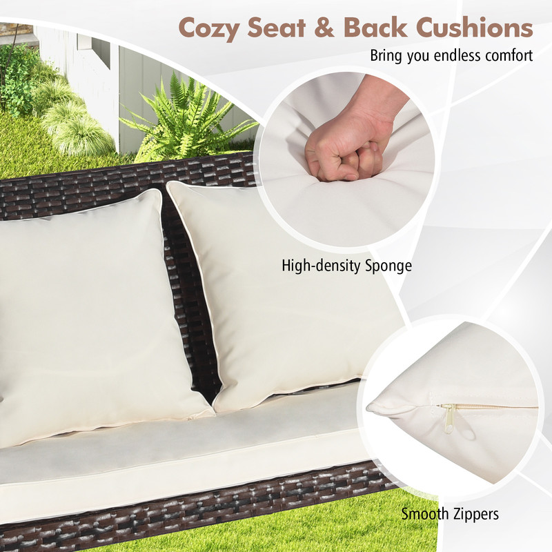 2Person Patio Rattan Porch Swing 800 Lb Capacity Outdoor Swing With Cushions Acacia Wood Armrests 3