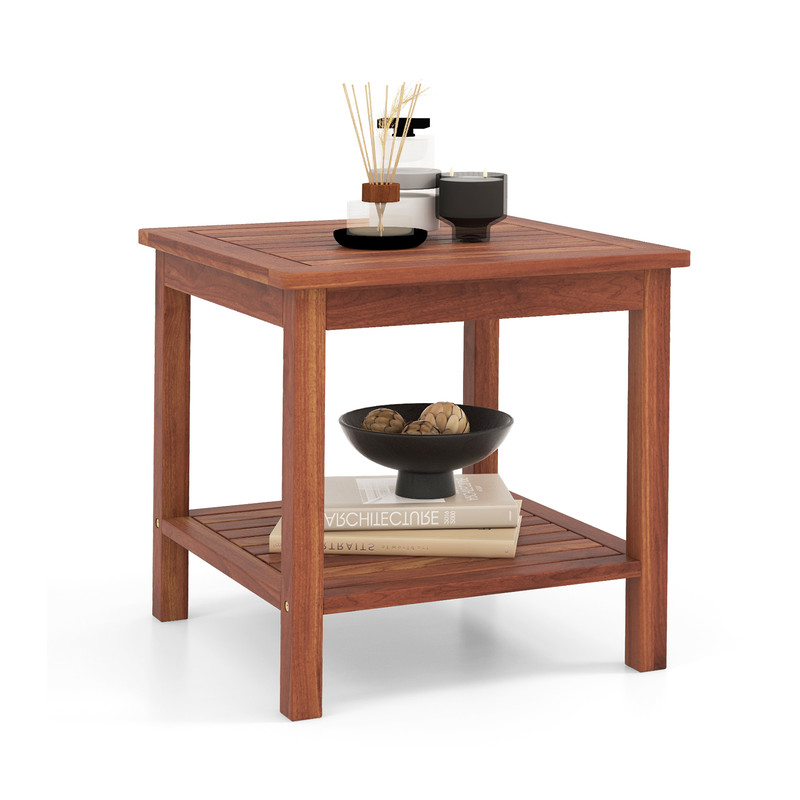 DoubleTier Acacia Wood Patio Side Table Slatted Tabletop With Storage Shelf For Outdoor Indoor Use 6