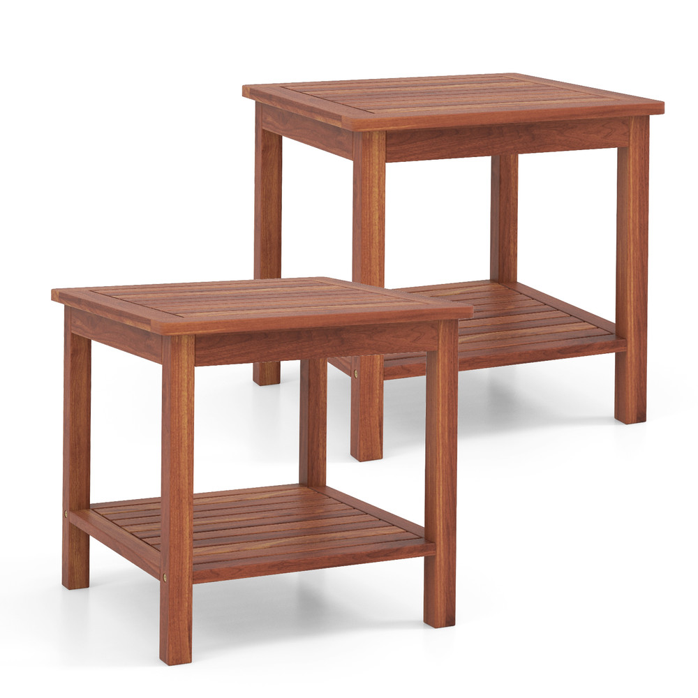 DoubleTier Acacia Wood Patio Side Table Slatted Tabletop With Storage Shelf For Outdoor Indoor Use 7