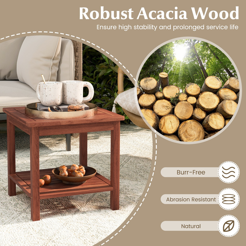 DoubleTier Acacia Wood Patio Side Table Slatted Tabletop With Storage Shelf For Outdoor Indoor Use 2