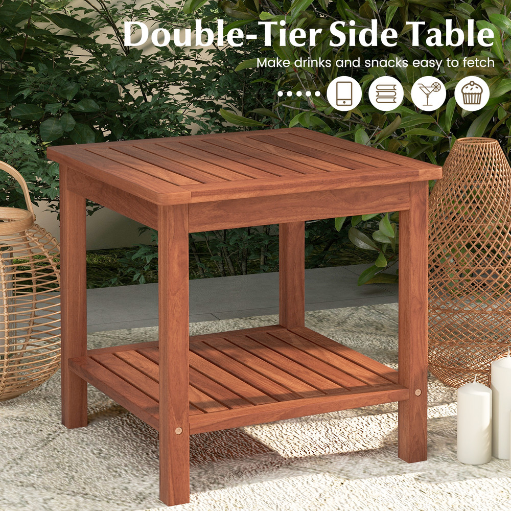 DoubleTier Acacia Wood Patio Side Table Slatted Tabletop With Storage Shelf For Outdoor Indoor Use 4