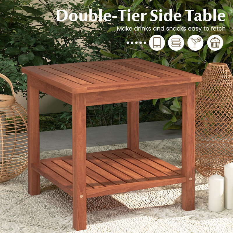 2Tier Acacia Wood Patio Side Table With Slatted Tabletop Shelf Durable Outdoor End Table Set Of 2 3
