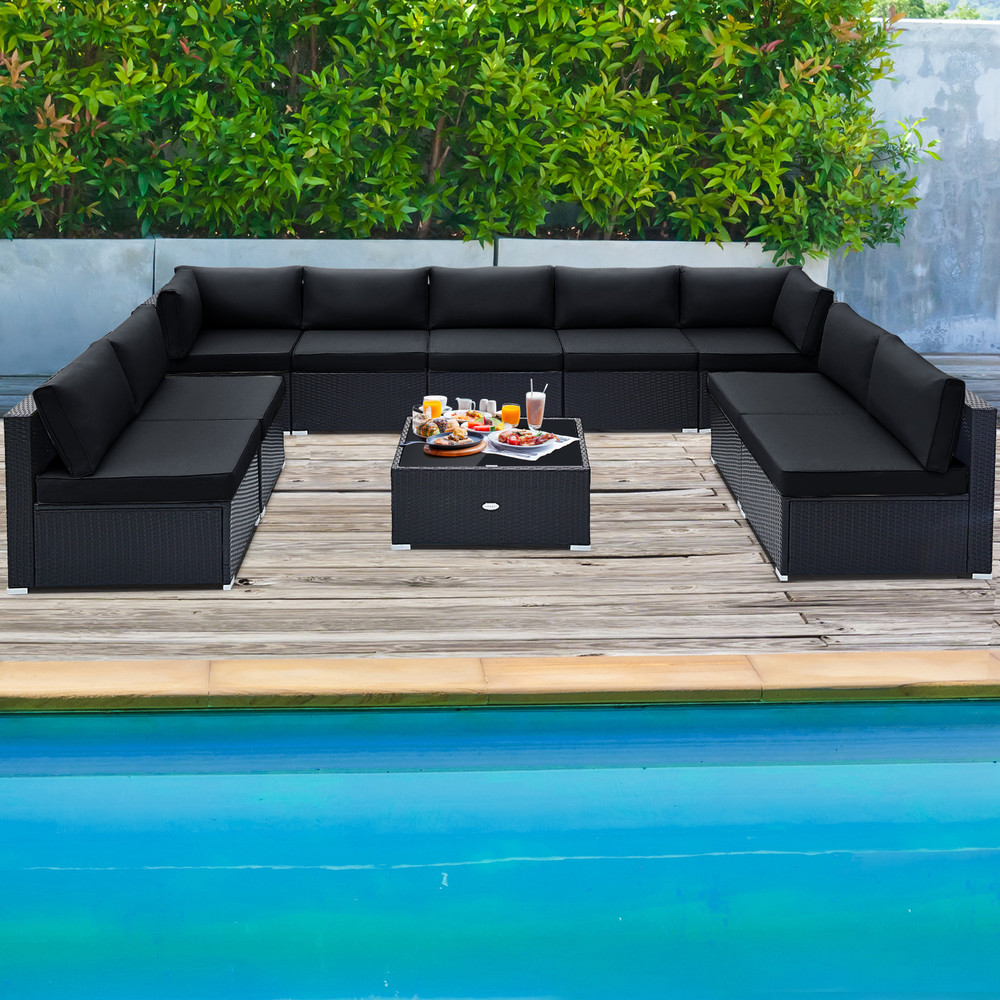 10Piece Outdoor Wicker Conversation Set With Seat  Back Cushions PE Rattan Patio Furniture 1