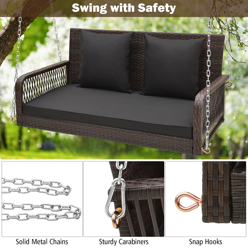 2Person PE Wicker Porch Swing Includes Comfortable Seat Back Cushions For Outdoor Relaxation 3