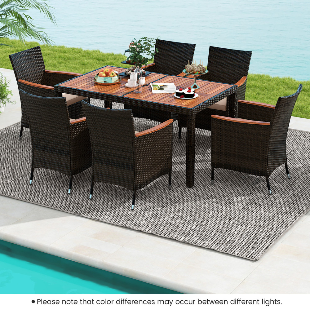 7Piece Outdoor Rattan Dining Set Includes WeatherResistant Cushions Acacia Table Stackable Chairs 0