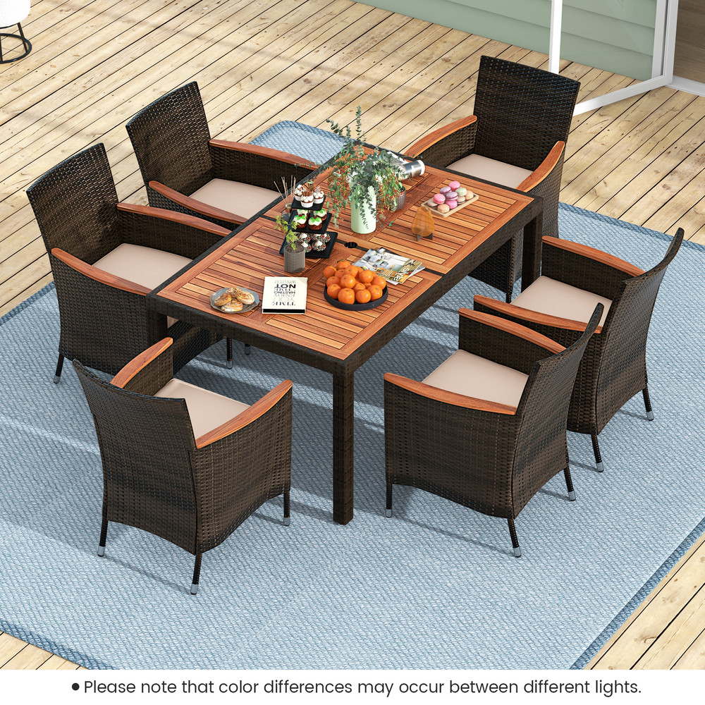 7Piece Outdoor Rattan Dining Set Includes WeatherResistant Cushions Acacia Table Stackable Chairs 1