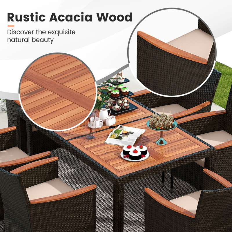 7Piece Outdoor Rattan Dining Set Includes WeatherResistant Cushions Acacia Table Stackable Chairs 3