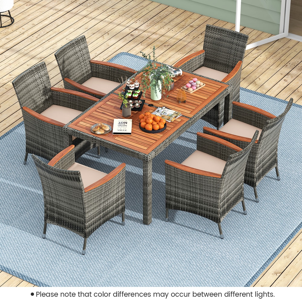 7Piece Patio Acacia Wood Dining Set With PE Rattan Chairs Cushions Outdoor Wicker Table 6 Seats 1