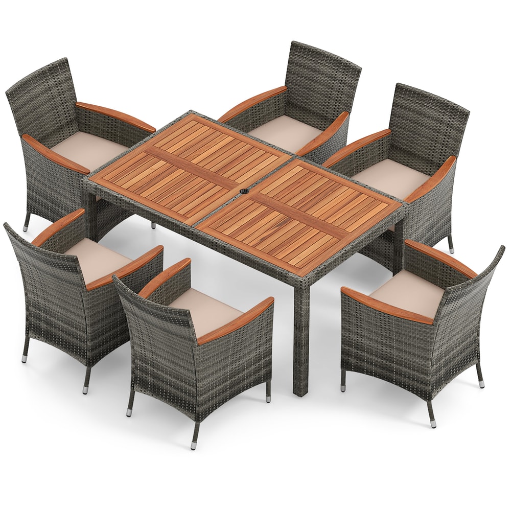 7Piece Patio Acacia Wood Dining Set With PE Rattan Chairs Cushions Outdoor Wicker Table 6 Seats 6