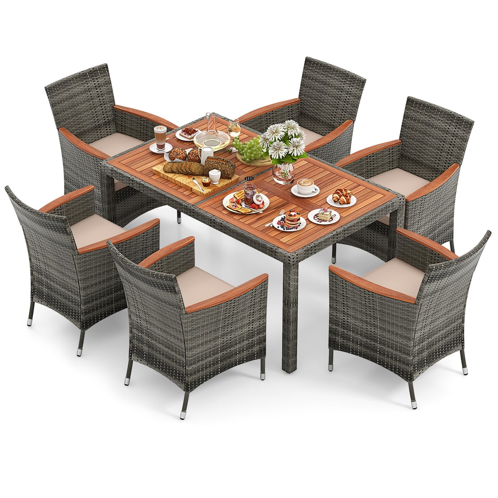 7Piece Patio Acacia Wood Dining Set With PE Rattan Chairs Cushions Outdoor Wicker Table 6 Seats 7