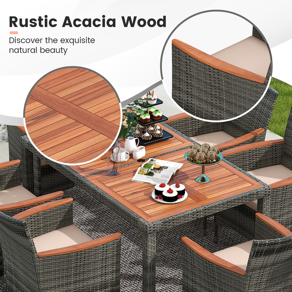 7Piece Patio Acacia Wood Dining Set With PE Rattan Chairs Cushions Outdoor Wicker Table 6 Seats 2