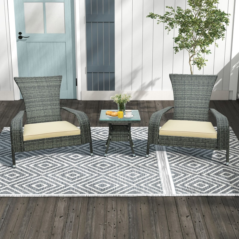 3Piece Outdoor Adirondack Set Wicker Chairs With Cushions Side Table For Patio Relaxation 1