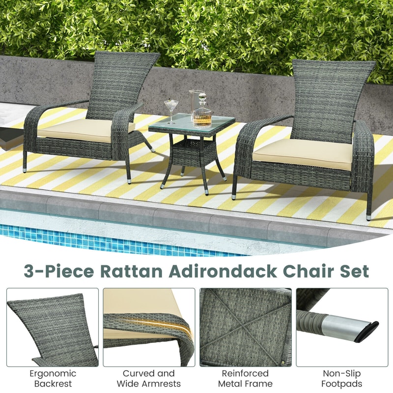 3Piece Outdoor Adirondack Set Wicker Chairs With Cushions Side Table For Patio Relaxation 2