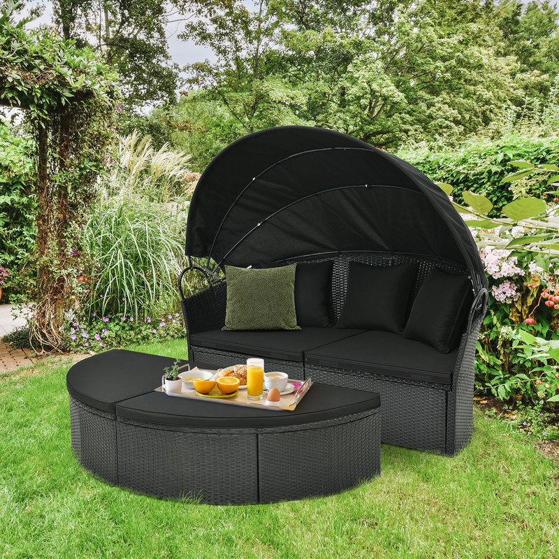 Clamshell Patio Round Daybed Wicker With Retractable Canopy Pillows Convertible Outdoor Lounge Bed 1