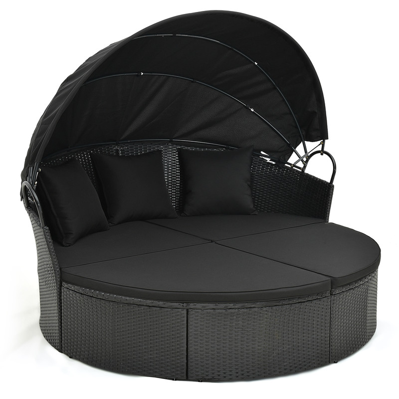 Clamshell Patio Round Daybed Wicker With Retractable Canopy Pillows Convertible Outdoor Lounge Bed 6