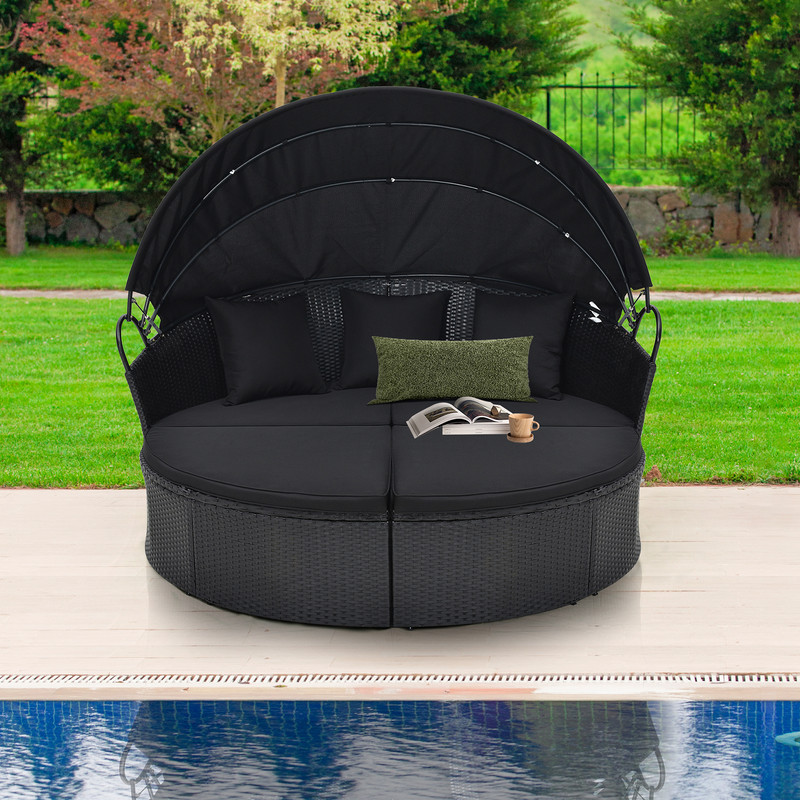 Clamshell Patio Round Daybed Wicker With Retractable Canopy Pillows Convertible Outdoor Lounge Bed 7