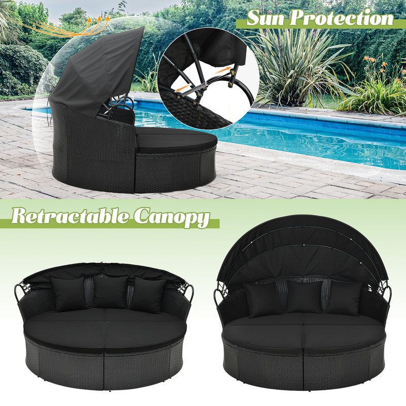 Clamshell Patio Round Daybed Wicker With Retractable Canopy Pillows Convertible Outdoor Lounge Bed 3