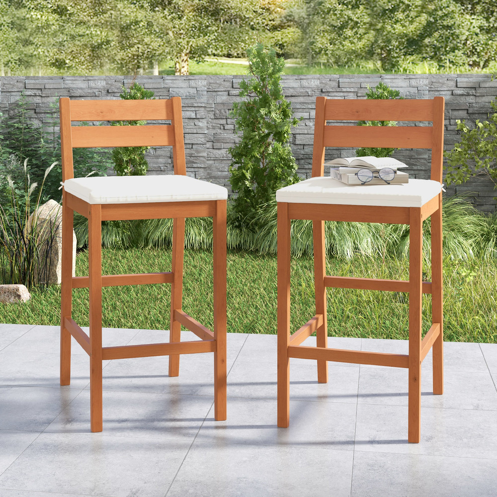 Set Of 2 Outdoor Wood Barstools With Soft Seat Cushions Eucalyptus Wood Counter Height Stools 0