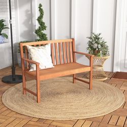outdoor wood bench for 2 – patio loveseat with comfortable armrests & slatted backrest