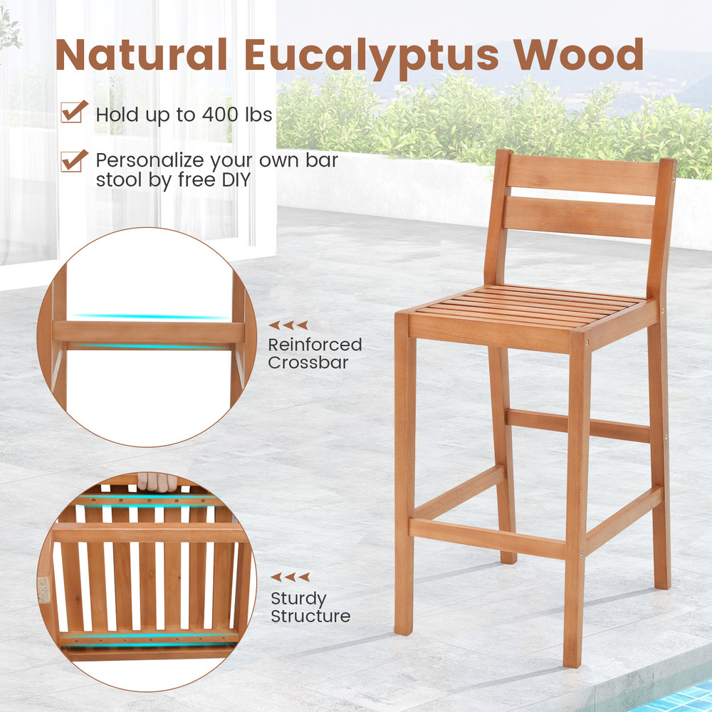 Set Of 2 Outdoor Wood Barstools With Soft Seat Cushions Eucalyptus Wood Counter Height Stools 2