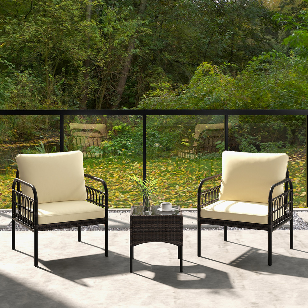 3Piece Outdoor Wicker Conversation Set Includes Armchairs With Cushions Tempered Glass Side Table 1