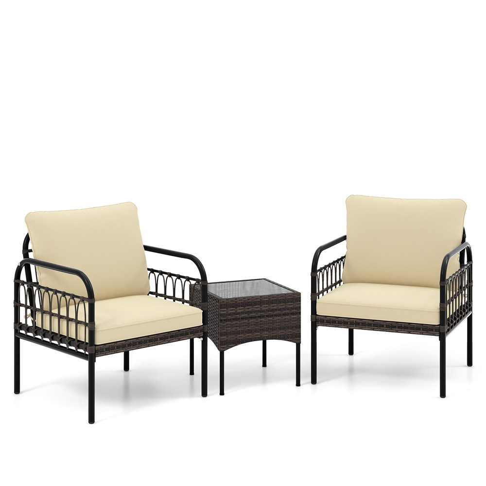 3Piece Outdoor Wicker Conversation Set Includes Armchairs With Cushions Tempered Glass Side Table 5