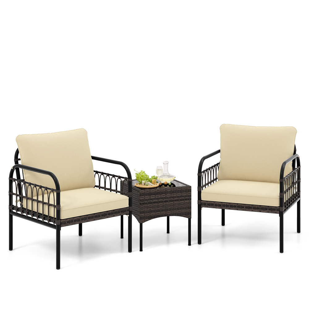 3Piece Outdoor Wicker Conversation Set Includes Armchairs With Cushions Tempered Glass Side Table 6