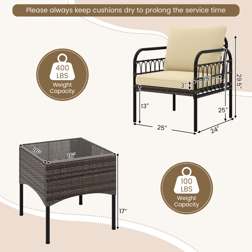 3Piece Outdoor Wicker Conversation Set Includes Armchairs With Cushions Tempered Glass Side Table 4