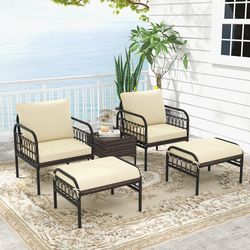 5-piece patio conversation set with 2 ottomans & coffee table, pe rattan outdoor furniture with cushions