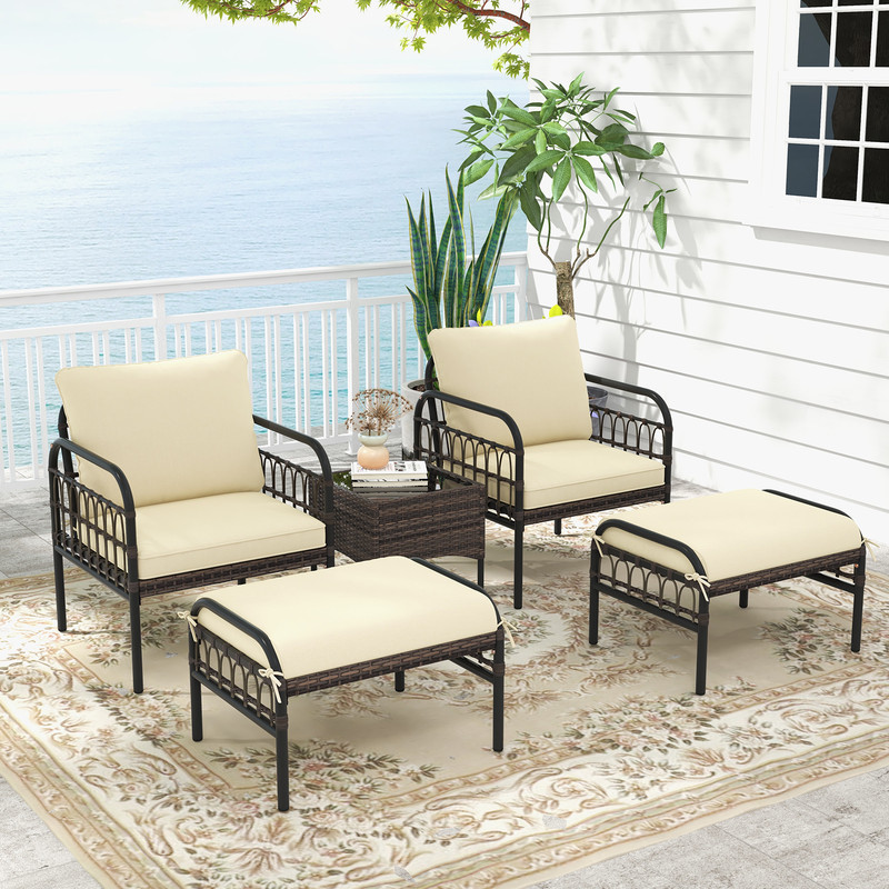 5Piece Patio Conversation Set With 2 Ottomans  Coffee Table PE Rattan Outdoor Furniture With Cushio 0